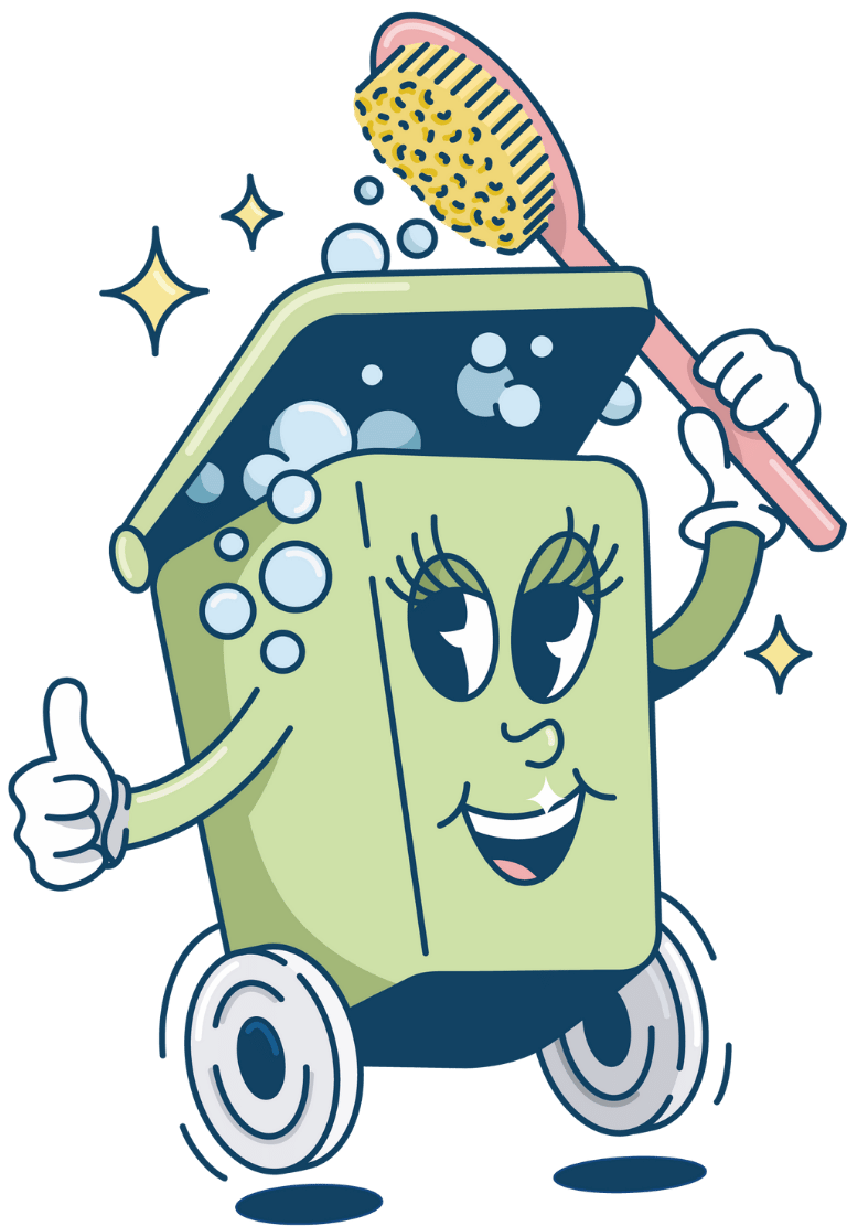 personnage de poubelle en train de se laver avec une brosse de douche et des bulles de savons